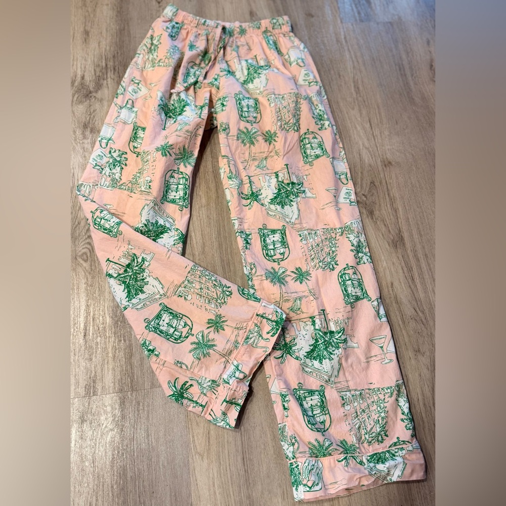 8 Oak Lane Palm Beach Pink Green Toile Pajama Bottoms Size XS/S